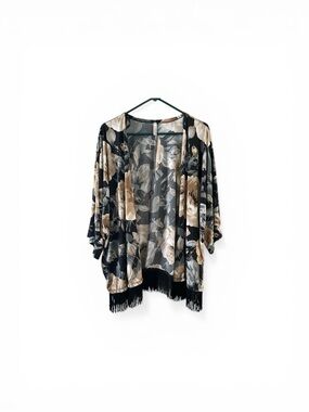Floral Fringe Kimono Cardigan - Black & Beige
